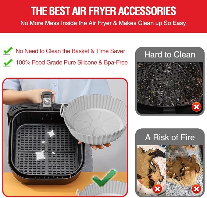 2 Pack Air Fryer Silicone Liners Pot for 3 to 5 QT, Air Fryer Silicone Basket Bowl, Replacement of Flammable Parchment Paper, Reusable Baking Tray Oven Accessories, Pink+Grey, (Top 8in, Bottom 6.75in)
