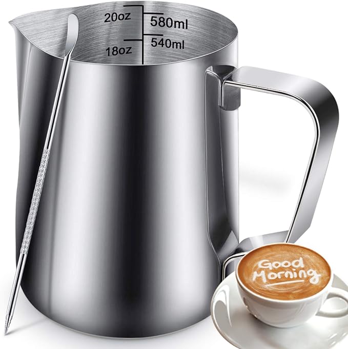 20oz Stainless Steel Milk Frothing Pitcher - Espresso Latte Steaming Creamer Jug for Coffee Cappuccino - Milk Frother Barista Tools With Latte Art Pen