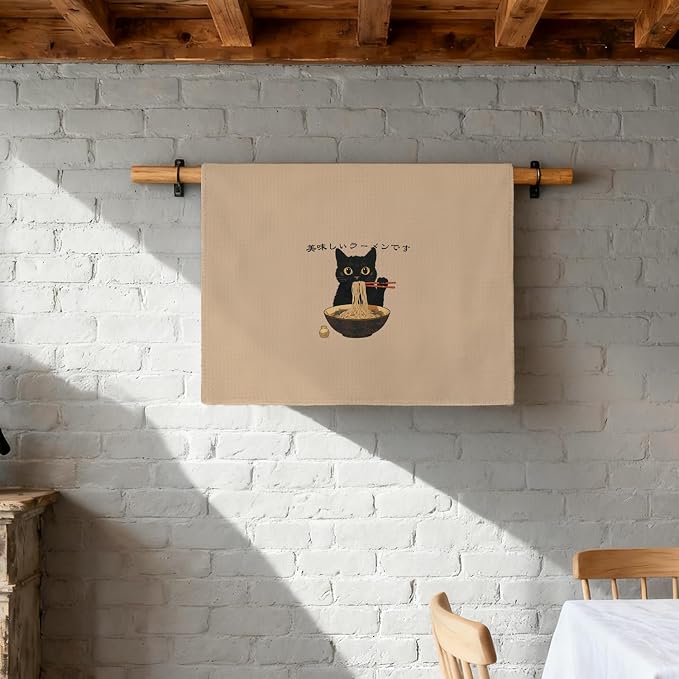 Funny Black Cat Kitchen Towel, Sushi Cat Lover Gifts Dish Towel, Japanese Ramen Noodles Sushi Black Kitty Decorative Hand Towel 16x24 Inch(A)