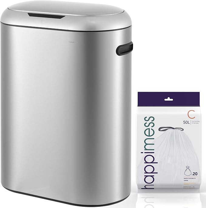 happimess 13.2 Gal Oval Motion Sensor Trash Can, Platinum Silver | Oval, Motion Sensor, Touch Mode, Fingerprint Resistant, Stainless Steel, Soft Close Lid, 17.7" W x 9.84" D x 24.2" H