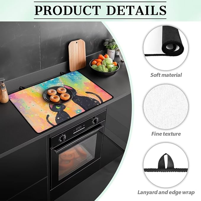 Cartoon Black Cat Oil Painting Print Stove Top Covers for Electric Stove Thick Induction Silicone Stove Cover Mat Anti-Slip Range Covers Ceramic Table Protector, 29.18 x 20.96 inch