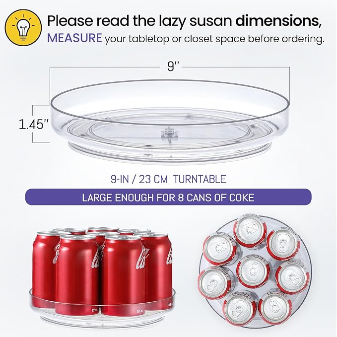 2 Pack 9 Inch Elegant Clear Turntable Acrylic Lazy Susan, Non-Skid Rotating | Smoothly Kitchen Spice Rack, Cabinet Pantry Organization Storage, Refrigerator, Vanity Makeup, Bathroom Countertop Organizer