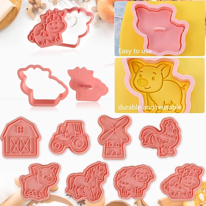 Farm Cookie Cutters Set, 8 Pcs Cookie Cutter with Plunger Stamps | Different Shapes, Easy to Use, Cute Cookie Cutters for DIY Biscuit Snacks Cheese Baking