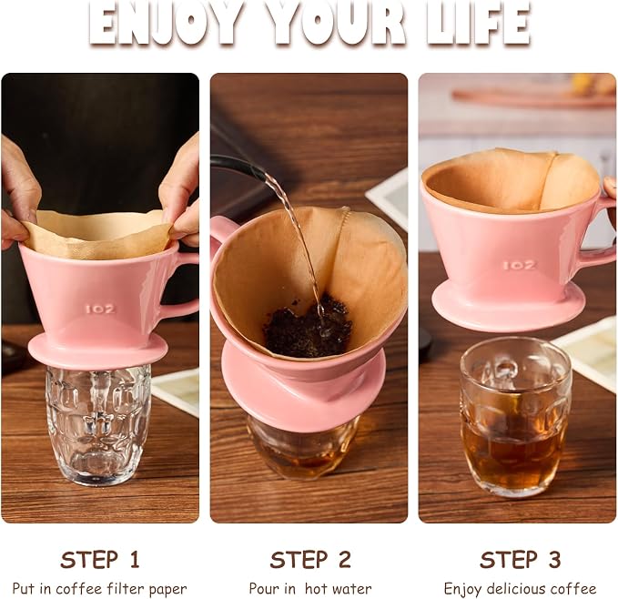 Pour Over Coffee Dripper, Ceramic Pour Over Coffee Maker, Pink | 3 Holes Flat Bottom, Easy Manual Brew Maker, Porcelain Slow Filter Cone for Travel, Camping, Office, Home