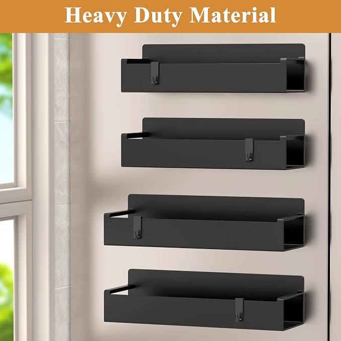 4 Pack Magnetic Spice Rack Organizer for Refrigerator and Oven, Matt Black Fridge Organizers and Storage for Kitchen
