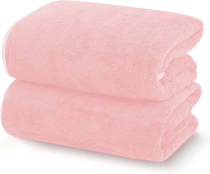 TENSTARS Silk Hemming Bath Towels for Bathroom Clearance - 27 x 55 inches - Light Thin Quick Drying - Soft Microfiber Absorbent Towel for Bath Fitness, Sports, Yoga, Travel, Gym - 2 Pack, Pink