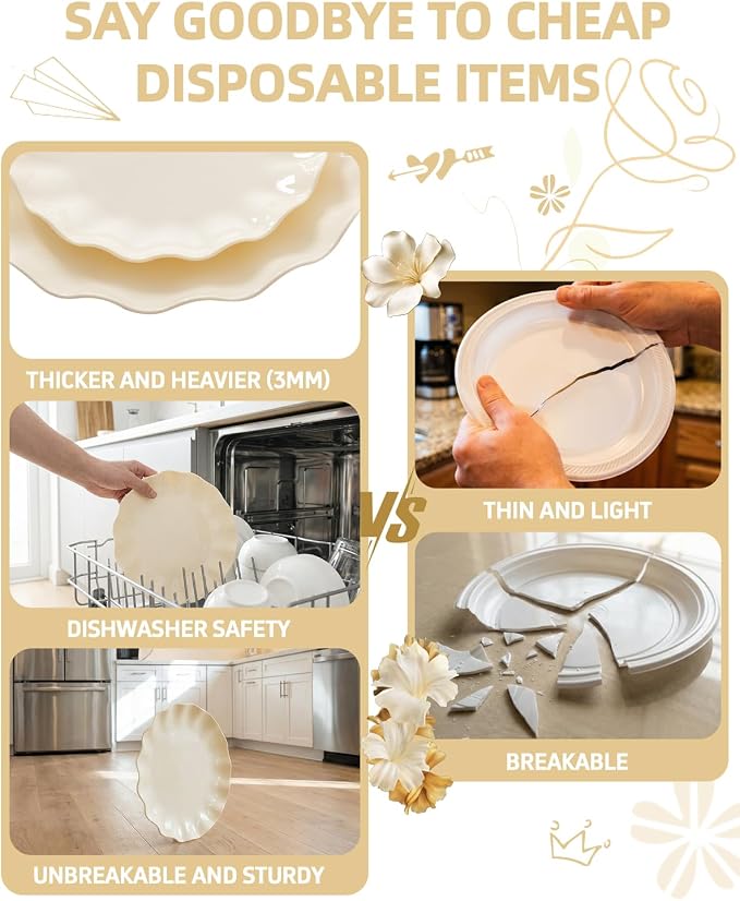 LIYH 24 Pcs Plastic Plates Reusable,Unbreakable Dinner Plates, Scalloped Plastic Plates, Dishwasher Safe,Ivory Plate Sets Perfect for Parties, Birthday, Picnics, BPA Free(12Guests)