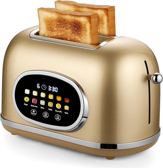 Roter Mond Smart 2 Slice Toaster, Touchscreen, Bagel Defrost, Gold | Retro stainless steel, digital timer & sleep mode, 6 bread types & shades, defrost/reheat/cancel,even toasting wide slots