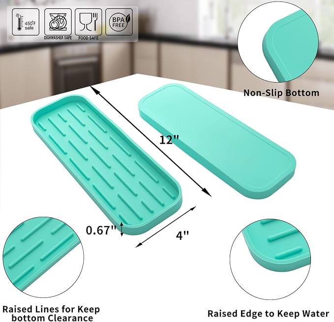 MicoYang Silicone Kitchen Sink Organizer Tray for Multiple Usage,Eco-Friendly Sponges Holder for Kitchen Bathroom Counter or Sink,Dish Soap Dispenser,Scrubber,Bottle,Cup (Mint, 12"×4")