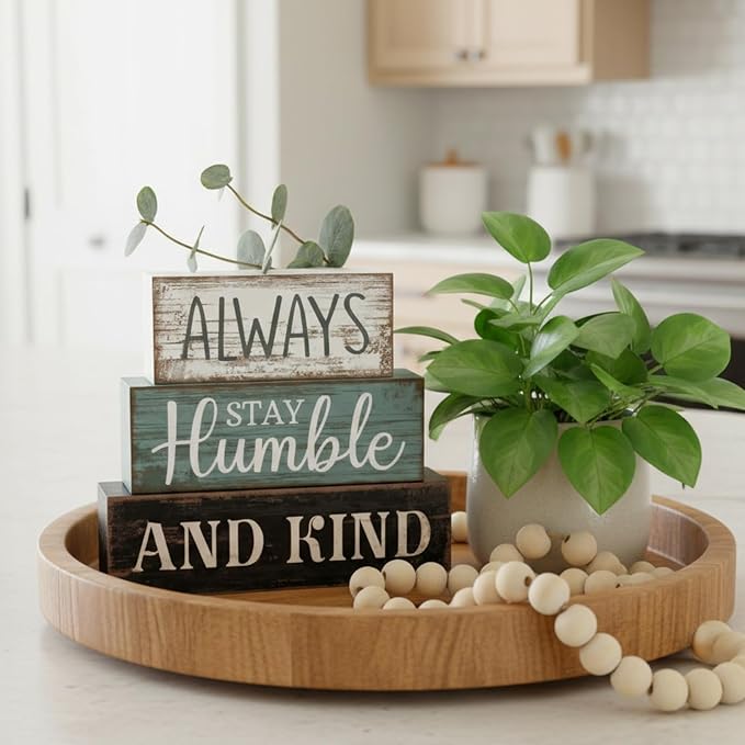 Lineshading 4 Pcs Inspirational Farmhouse Table Decor Wooden Shelves Signs | Always Stay Humble and Kind Quote, Rustic Wooden Blocks, Eucalyptus Accent, Tiered Tray Tabletop Home Decor Gift