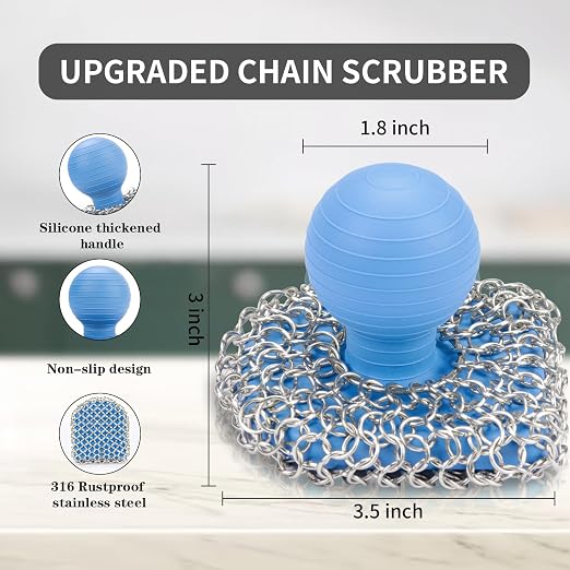 Cast Iron Scrubber with Pan Scraper, 316 Chainmail Scrubber, Blue | Upgraded Chain Mail Scrubber Sponge, Cast Iron Cleaner for Pan Skillet Wok Carbon Steel, Dutch Oven Metal Brush Cleaning Kit