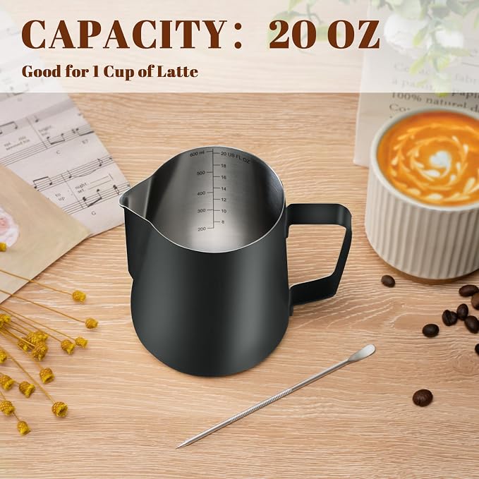 Amrules Milk Frothing Pitcher 20oz Frother Cup Barista Tools, Black | 18/8 Stainless Steel, 20oz Capacity with Clear Scale, with Decorating Pen, Ergonomic Handle, for Cappuccino, Latte & Espresso