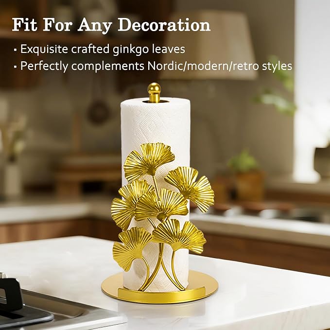 Vintage Gold Ginkgo Paper Towel Holder Countertop - Gold Kitchen Decor and Accessories, Luxury Housewarming Gifts for Women, 3D Ornate Leaf Textured, Retro Design Home Decor, Weighted Base & Felt Pad