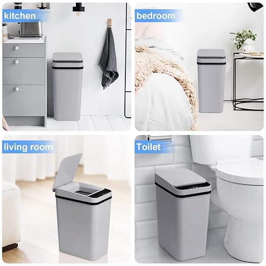 Anborry Smart Touchless Bathroom Trash Can 2.2 Gallon Automatic Motion Sensor Rubbish Can with Lid Electric Narrow Small Garbage Bin for Kitchen, Office, Toilet, Bedroom (Grey)
