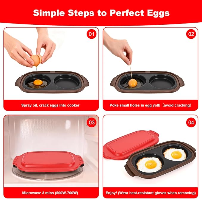 Microwave Egg Poacher & Cooker for 2 Eggs – Multi-Use Fryer with Silicone Lid, Makes Bacon, Omelets & Breakfast Sandwiches | Dishwasher Safe, BPA-Free, Portable for Dorm, Travel, Office (Red)