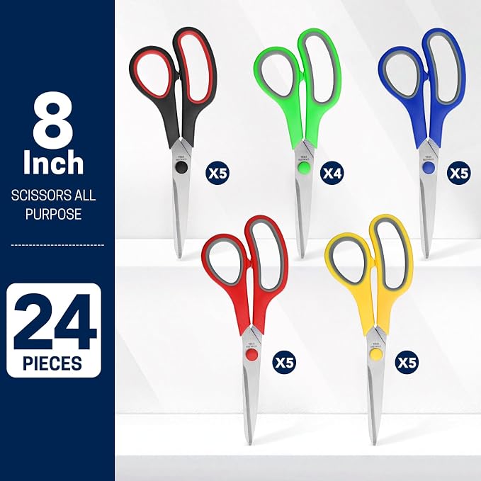 BURVAGY 24 Pack 8" Scissors All Purpose, Heavy Duty Scissors for Office | Scissors Bulk Multipurpose Comfort-Grip Sharp Adult Office Scissors Set Sewing Fabric Stainless Steel Blades, Right/Left Hand