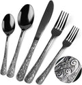 Meythway 60-Piece Vintage Carved Black Silverware Set for 12, Stainless Steel Flatware Set with Knife/Fork/Spoon, Cutlery Set for Home and Kitchen, Utensil Set with Dishwasher Safe
