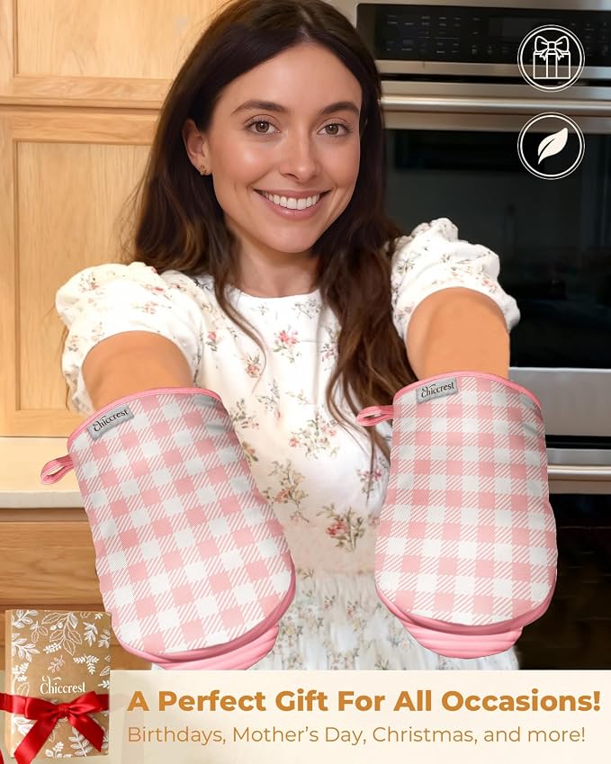 100% Thick Cotton Oven Mitts Ribbed Soft Silicone Pink Gingham | Aesthetic Oven Mitts for Women, Machine Washable Non-Slip Kitchen Mitts, Reversible for Both Hands, Stylish Kitchen Decor