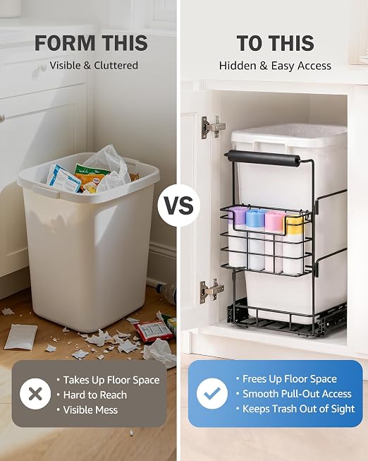 Bulado Pull Out Trash Can Under Cabinet with Removable Trash Bag Holder | Space Saving Under Sink Trash Can, Fits 30–40 Qt Bins, Supports 125 lbs, Easy Install, Soft-Close Slide, Bin Not Included