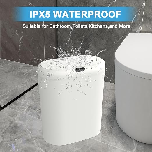 Naisu 4 Gallon Automatic Sensor Trash Can with Lid, 2 Pack Sealed Slim Design Waterproof Bathroom & Kitchen Garbage Bin, Motion Sensor Technology, Ideal for Small Spaces (White)