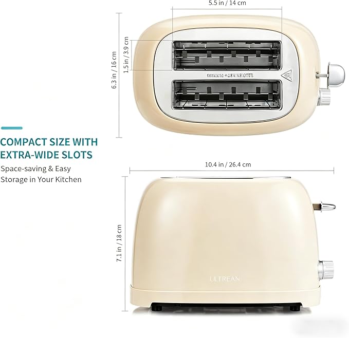 Ultrean Toaster 2 Slice with Extra-Wide Slot for Toasting Bagels, Breads, Waffles & More, Stainless Steel Material with Removable Crumb Tray, 6 Browning Settings