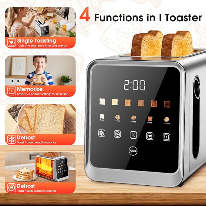Smart Toaster 2 Slice with Touchscreen, 900W Stainless Steel Wide Slot 1.5 Inch, BreadID Tech Live Countdown Timer, Memory Function, Defrost Reheat for Bagel Waffle Bread, Kitchen Essentials