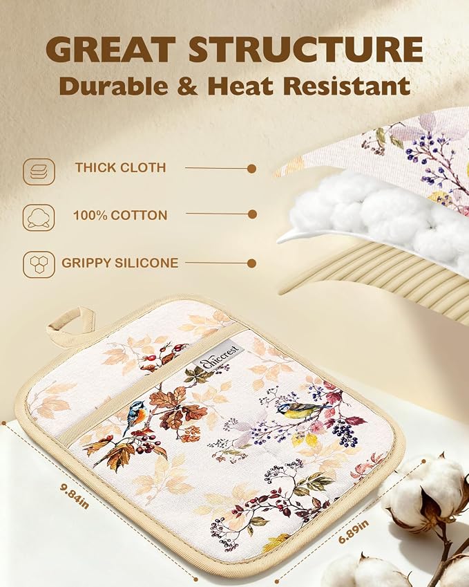 100% Thick Cotton Pot Holders Ribbed Soft Silicone Natural Bird | Stylish Pot Holders with Pockets, Ribbed Soft Silicone, Machine Washable Non-Slip Heat Resistant Hot Pads 2pcs, Kitchen Gift