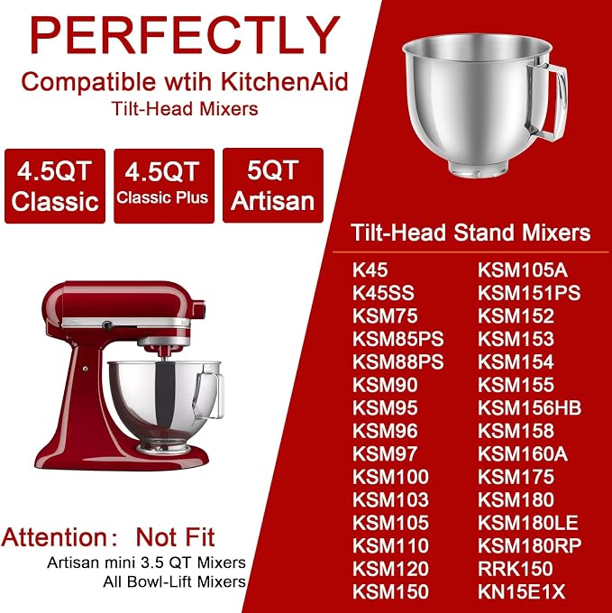 5QT Mixer Bowl for all KitchenAid 4.5-5QT Tilt-Head Stand Mixers | Food Grade 304 Stainless Steel, Polish Inner Surface, Ergonomic Handle, Dishwasher Safe, Light Weight