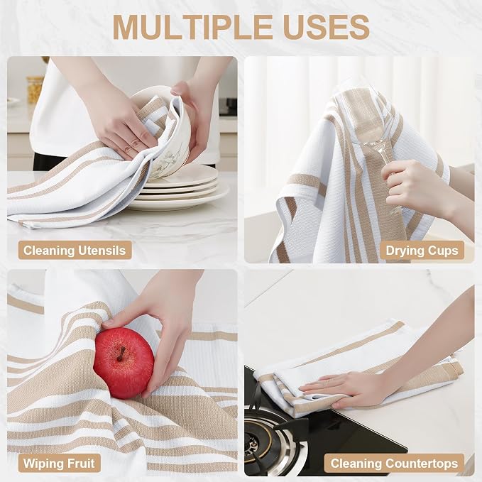 Homaxy Premium Cotton Stripe Kitchen Towels 6 Pack, 18"x 28", Khaki | Large 380 GSM Kitchen Hand Towels, Soft Terry Dish Towels, Highly Absorbent Tea Towel Set with Hanging Loop