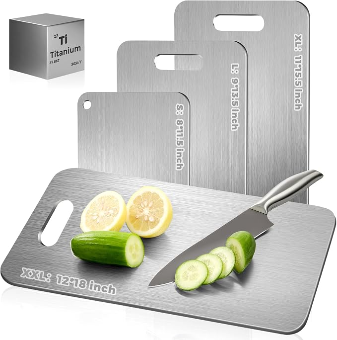 Katori Titanium Cutting Board - Upgraded 100% Pure Titanium Cutting Boards for Kitchen Non Toxic, Double Sided Food Grade Hygiene Non Moldy Dishwasher Safe Meat Fruit Metal Board (3PC S+L+XL)