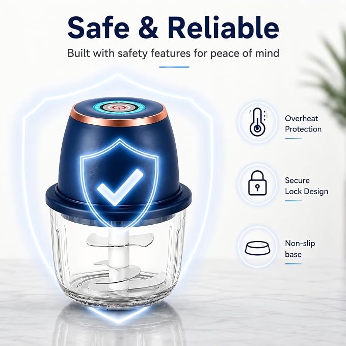 Electric Garlic Chopper, 350ml Mini Food Processor with 6 Stainless Steel Blades & Thickened Glass Bowl, USB Rechargeable Portable Food Grinder for Garlic, Onion, Nuts, Meat, Chili & Fruit(Blue)
