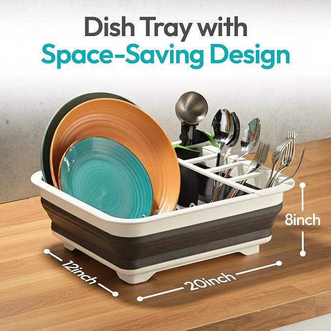 Collapsible Dish Drying Rack, Pop-Up with Drainboard, 8 Plate Capacity | Dish Strainer and Drainer, Over Sink Plate Rack, Utensil Holder, Plastic Rust-Free, Portable for RV Camping Kitchen Counter