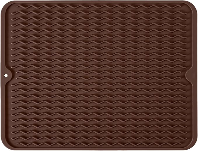 Silicone Dish Drying Mat, Non-Slip Easy Clean Sink Mat, Coffee, 14" x 11" | Quick-Dry Ridges, Large Heat-resistant Dish Drainer Mat for Kitchen Counter, Hangable & Roll-Up for Storage, Dishwasher Safe