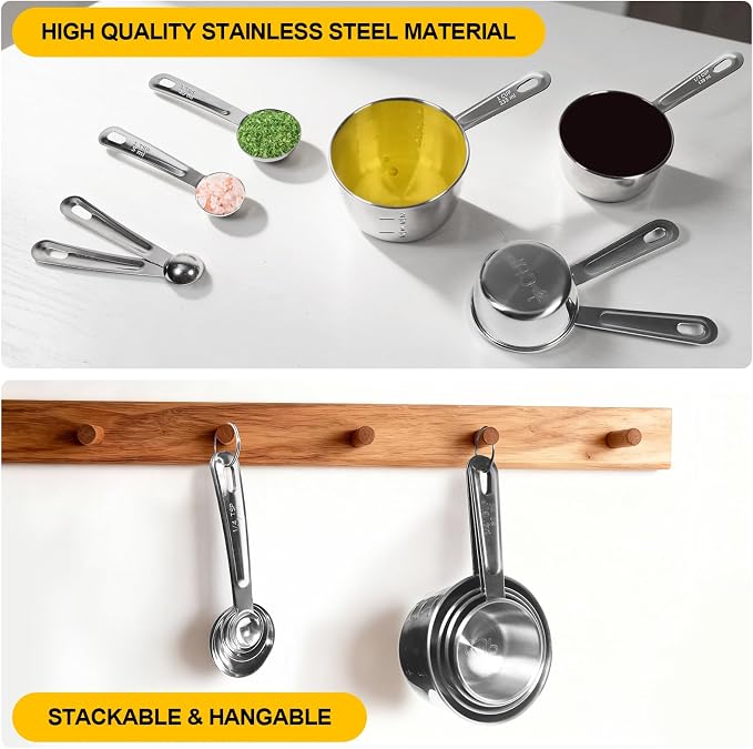 8 PCS Stainless Steel Measuring Cups and Spoons Set, Premium Measure Cups and Spoons Long Handle Stackable Measuring Cups for Kitchen Cooking & Baking, Dry & Liquid Dishwasher Safe