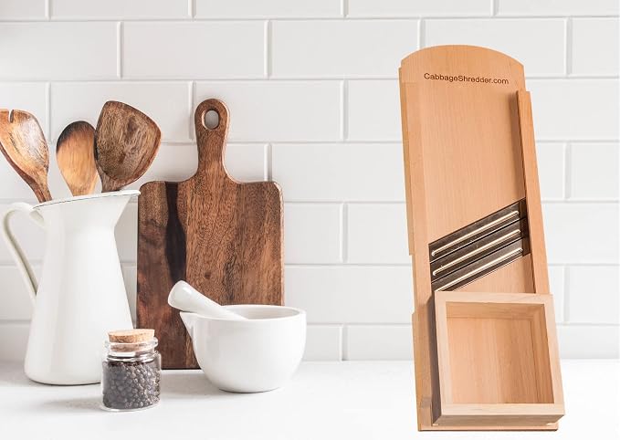 Wooden Cabbage Shredder, Mandoline Slicer for Sauerkraut, Coleslaw. Finger Protection Box, Cut Resistant Glove. Pre-Oiled. Made in Poland!