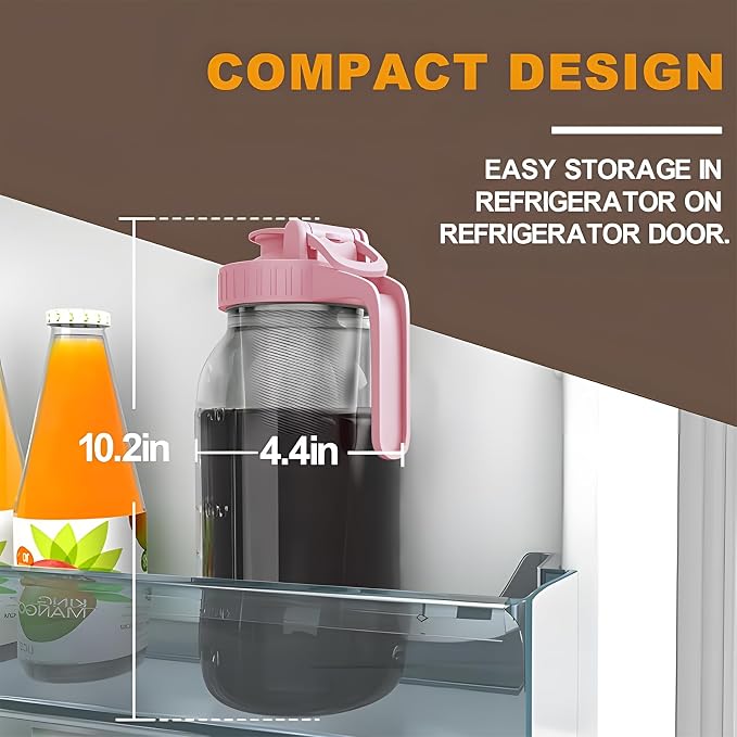 Cold Brew Coffee Maker, 64 oz Glass Mason Jar Pitcher | 100μm stainless steel filter, wide mouth design, leak-proof lid with handle, pour spout for iced coffee, tea and cold drinks