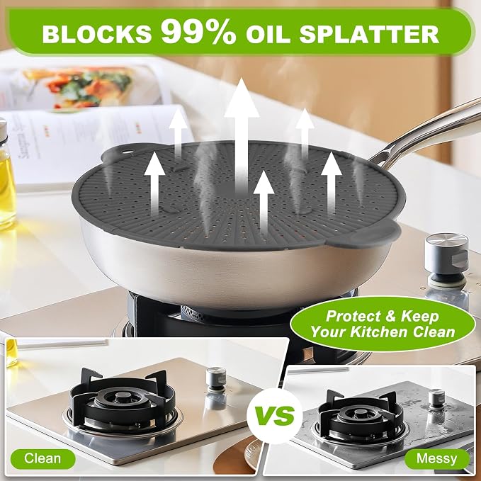 Silicone Splatter Screen for Frying Pan - 11 Inch Heat-Resistant Silicone Grease Splatter Guard, Multi-Use Oil Splash Guard for Kitchen Cooking Pan Cover, Dishwasher Safe