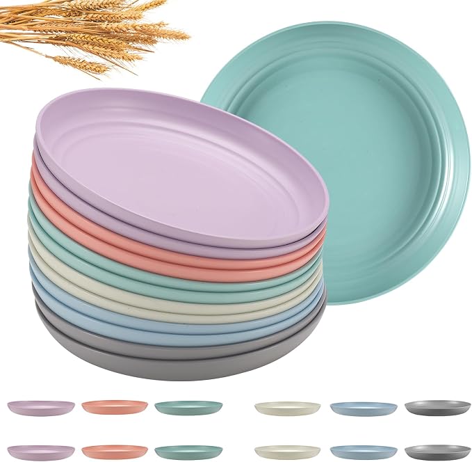 HEYCOME 12 Pcs Unbreakable Deep Dessert Plates Set, 8 inch Reusable Plastic Wheat Straw Plates, Microwave and Dishwasher Safe Plate for Kitchen, Lightweight Plate for Dessert, BPA Free, 6 Colors