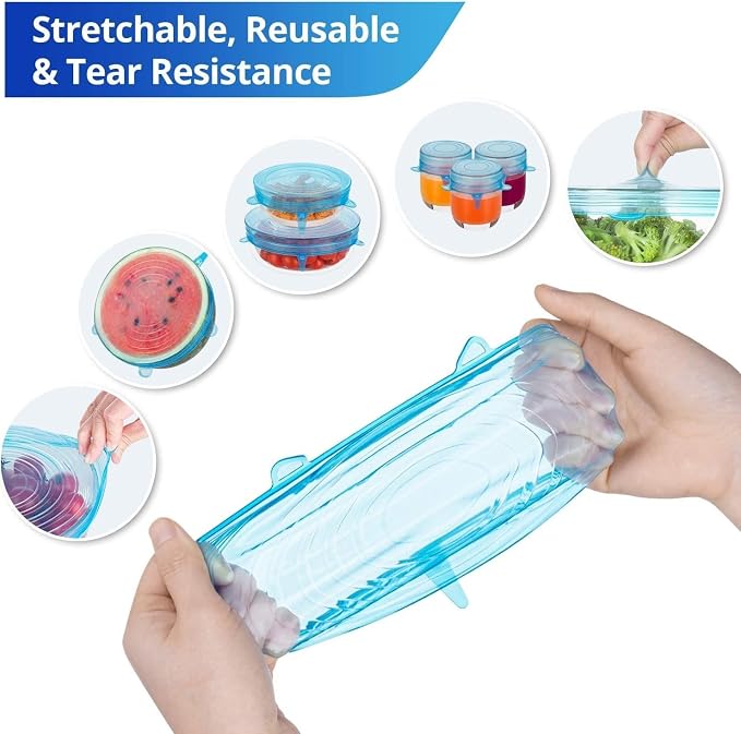 Silicone Stretch Lids, 6PCS Zero Waste Reusable Container Covers | For Leftover Food Fruit Bowls Pots Cups Jars Dishes (6PCS, Blue)
