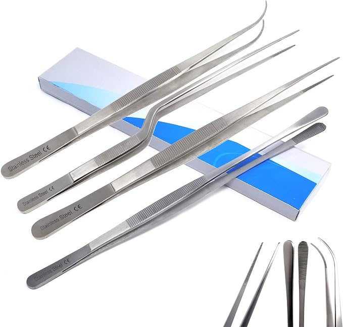 Professional Culinary Stainless Steel Precision Tongs with Serrated Tips, Plating/Food Presentation Detailing Serving Tongs, Chef's Kitchen Tweezer Tongs - Ultra Non-Slip Grip (12" 4 PCS)