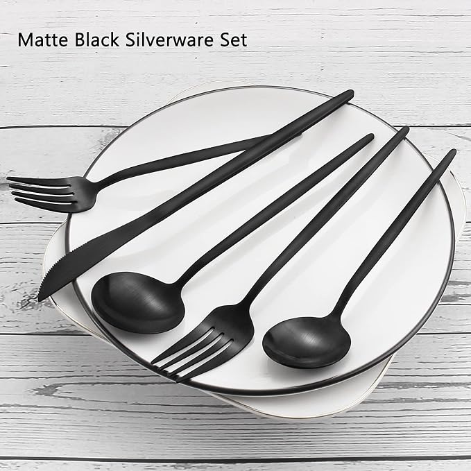 Matte Black Silverware Set, VANVRO 60-Piece Stainless Steel Flatware Set, Black Silverware Set for 12, Satin Finish tableware Cutlery Set,Home and Restaurant, Dishwasher Safe