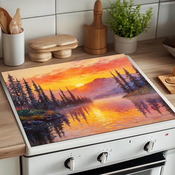 HOMETITUTE Spring Stove Top Covers for Electric Stove 28x20 Inches Sunset Lake Pine Forest Heat Resistant Glass Cooktop Protector Pad Decorative Stovetop Cover for Kitchen Coffee Bar Decor