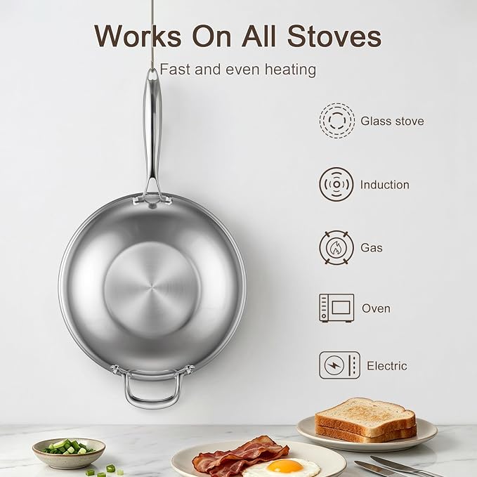 12.5-Inch Hybrid Stainless Steel Wok Pan with Lid, Laser-Textured Nonstick Stir Fry Pan, PFOA-Free, Induction Compatible, Oven & Dishwasher Safe for All Cooktops