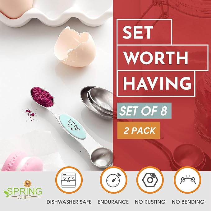 Spring Chef Stainless Steel 8 Magnetic Measuring Spoons Set, 2 Pack, Mint | Dual Sided Metal Teaspoon & Tablespoon Measuring Spoons with Leveler for Dry & Liquid Ingredients, Nesting, Dishwasher Safe
