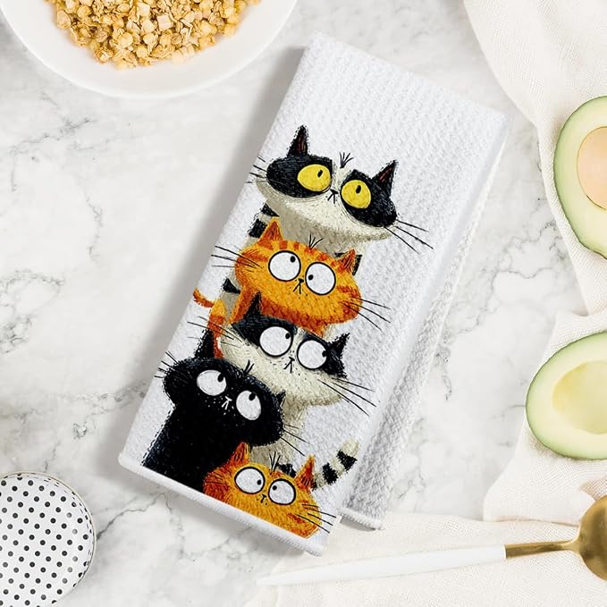 4 Pcs Cute Cat Kitchen Towels, Funny Cats Gifts Absorbent Hand Towels-05 | Cat Dish Cloths for Drying Dishes, Cats Waffle Dish Towels for Kitchen Home Bathroom Decor, Cat Lover Gifts for Women Mom