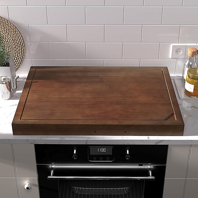 Wooden Stove Top Covers for Gas Burner and Electric Stove, Glass Cooktop Protector, Wood Noodle Board Stovetop Cover With Handles, Walnut