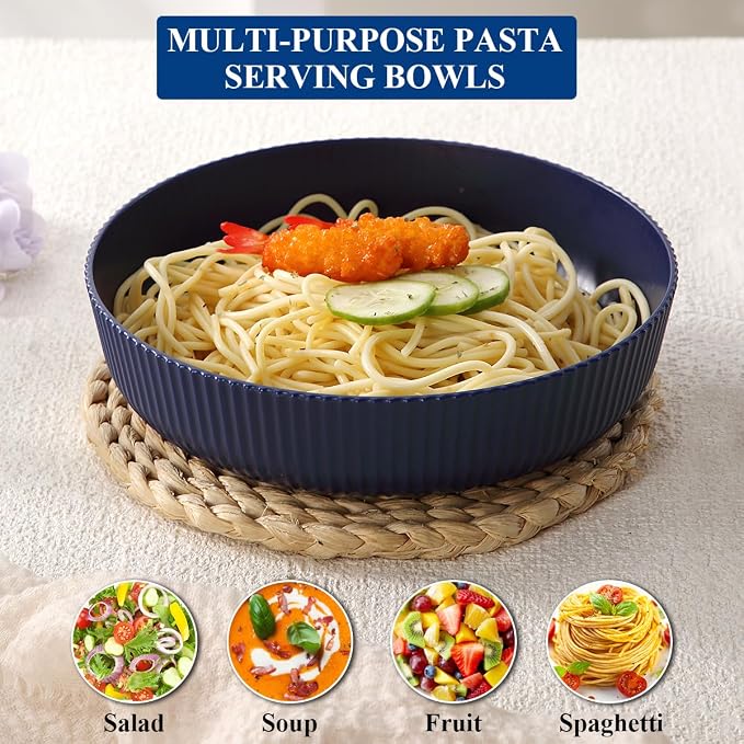HOMQUEN Pasta Bowls Set of 6, 37oz Salad Bowls Blue Soup Bowls, Large Pasta Serving Bowls, Unbreakable Plastic Dinner Bowls, Dinnerware Sets,Valentines Day Gift, Dishwasher Safe (Blue)