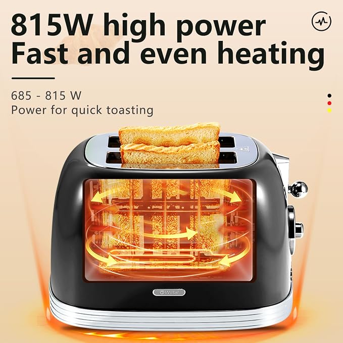 Wiltal Retro Toaster 2 Slice, 1.58" Extra Wide Slot Stainless Steel with Dust Cover and Warming Rack, Glossy Black Finish with Defrost/Reheat/Cancel Functions, Removable Crumb Tray