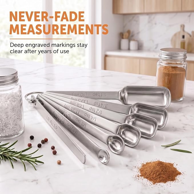 Stainless Steel Measuring Spoons Set of 13, Includes 7 Rectangular Measuring Spoons, 1 Leveler & 5 Tiny Spoons, Compact Spoons Design for Spice Jars, Ideal for Dry and Liquid Ingredients