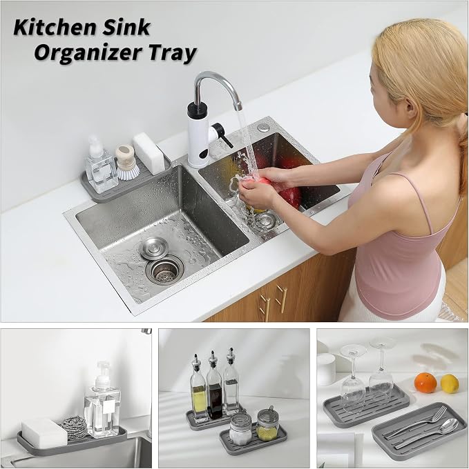 MicoYang Silicone Kitchen Sink Organizer Tray for Multiple Usage,Eco-Friendly Sponges Holder for Kitchen Bathroom Counter or Sink,Dish Soap Dispenser,Scrubber,Bottle,Cup (Grey, 10"×5.3")